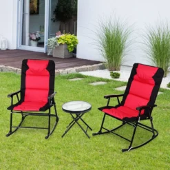 3-teiliges Schaukelliege Liegestühle mit Beistelltisch Gartenliege Rot + Schwarz