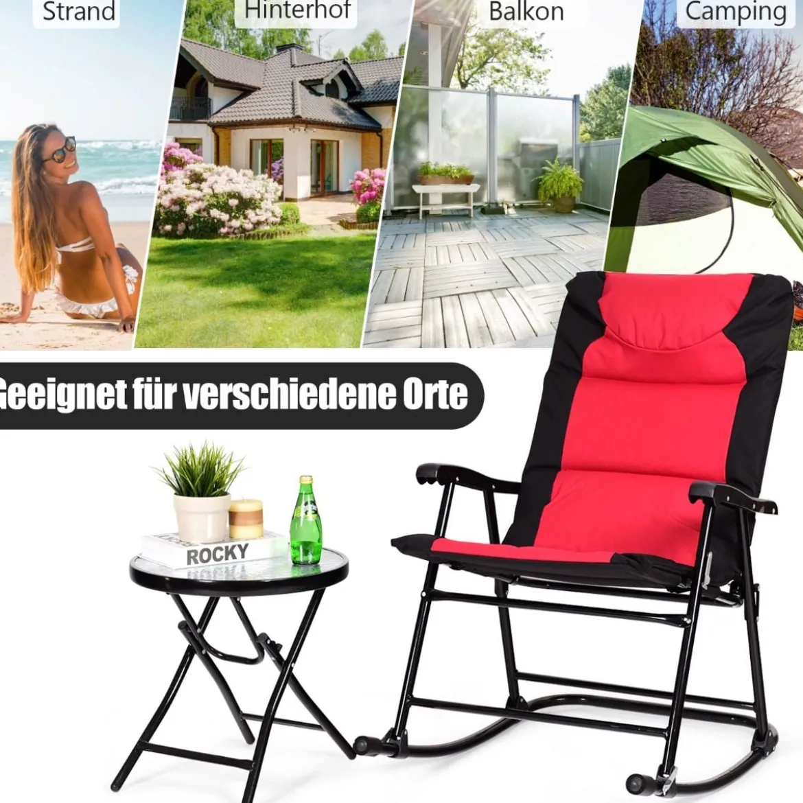 3-teiliges Schaukelliege Liegestühle mit Beistelltisch Gartenliege Rot + Schwarz