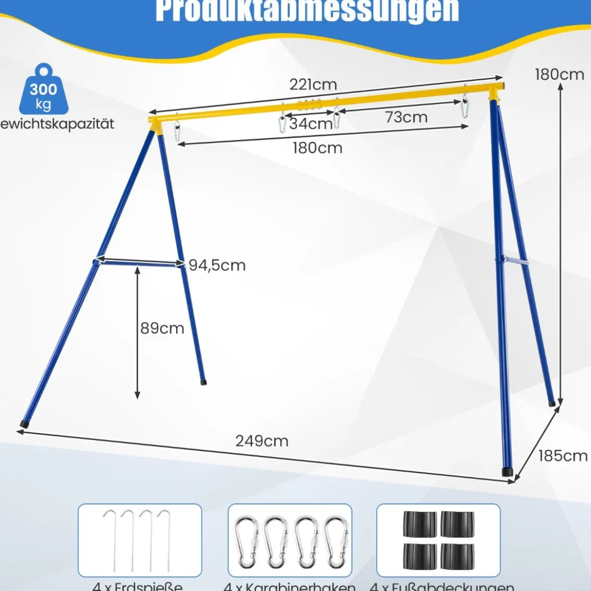 2-Teiliges Schaukel-Set mit Verstellbaren Seilen + Schaukelgestell mit A-Rahmen Set Blau + Gelb