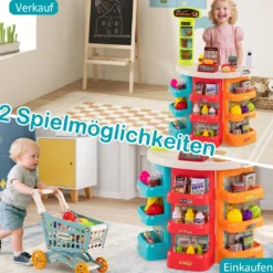 76-teiliges Supermarkt mit Einkaufswagen Kaufladen mit Waage & Scanner Kaufmannsladen Blau