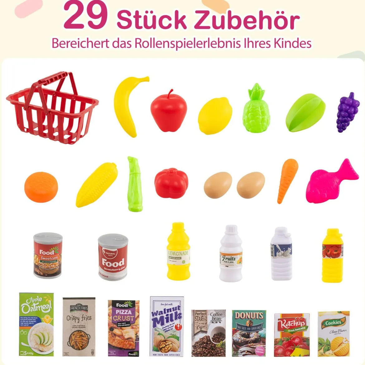29-teiliges Supermarkt mit Einkaufswagen Kaufladen mit Waage & Scanner Kaufmannsladen Rosa