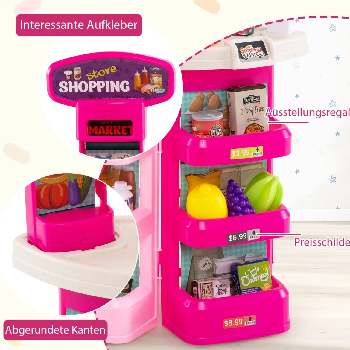 29-teiliges Supermarkt mit Einkaufswagen Kaufladen mit Waage & Scanner Kaufmannsladen Rosa