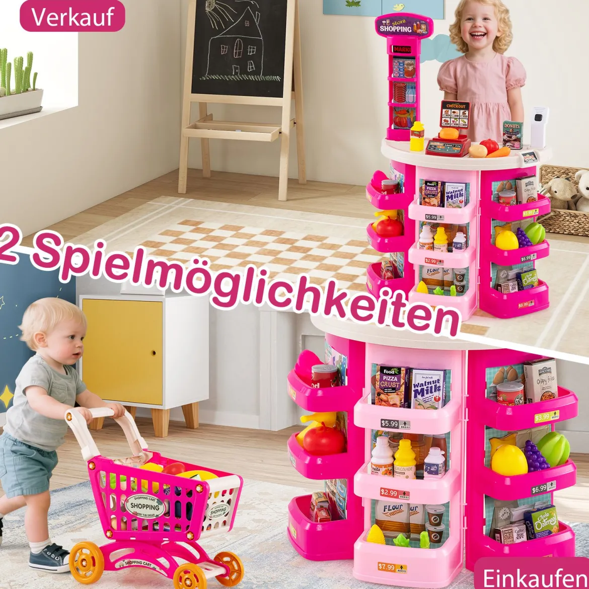 29-teiliges Supermarkt mit Einkaufswagen Kaufladen mit Waage & Scanner Kaufmannsladen Rosa