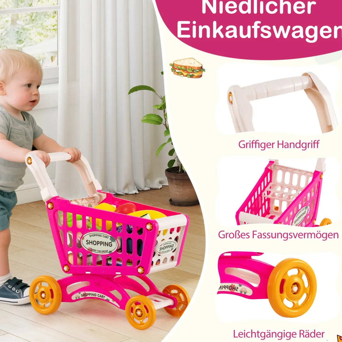 29-teiliges Supermarkt mit Einkaufswagen Kaufladen mit Waage & Scanner Kaufmannsladen Rosa