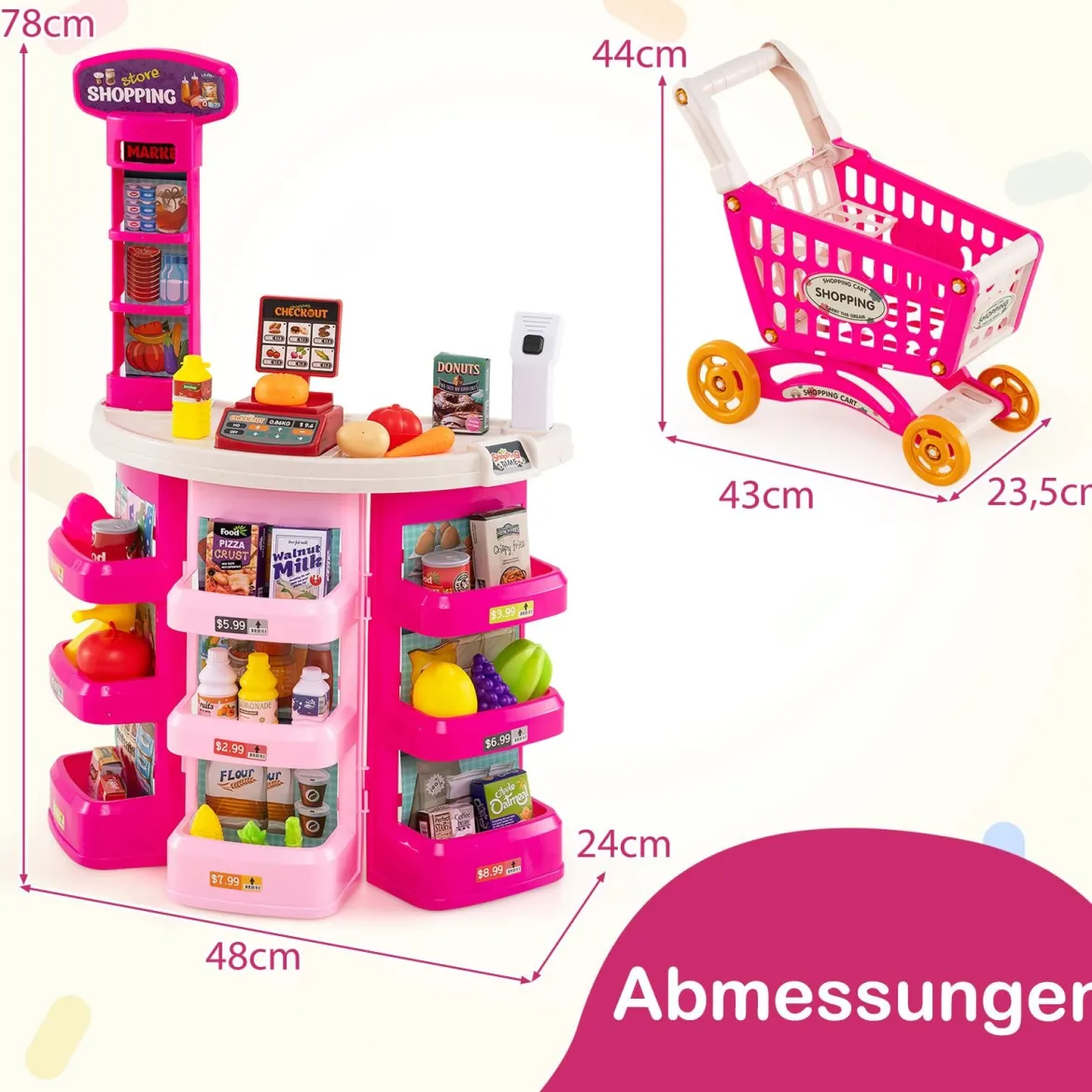 29-teiliges Supermarkt mit Einkaufswagen Kaufladen mit Waage & Scanner Kaufmannsladen Rosa