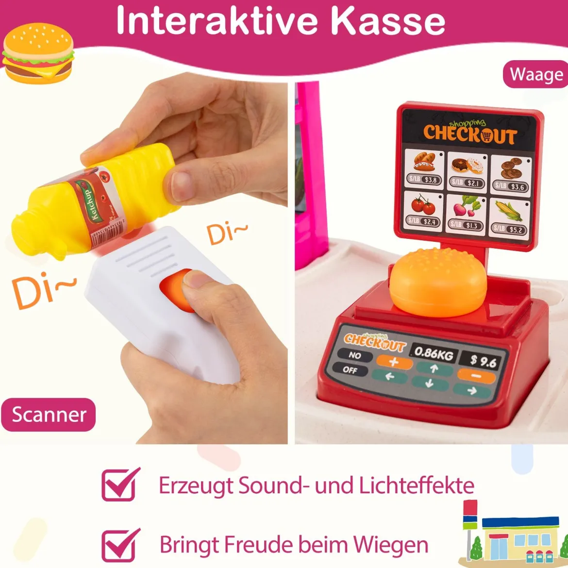 29-teiliges Supermarkt mit Einkaufswagen Kaufladen mit Waage & Scanner Kaufmannsladen Rosa