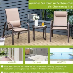 3-teiliges Terrassenmöbel-Set Couchtisch aus Hartglas und 2 stapelbare Stühle braun