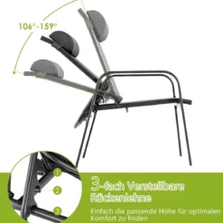 3-teiliges Terrassenmöbel-Set Couchtisch aus Hartglas und 2 stapelbare Stühle schwarz