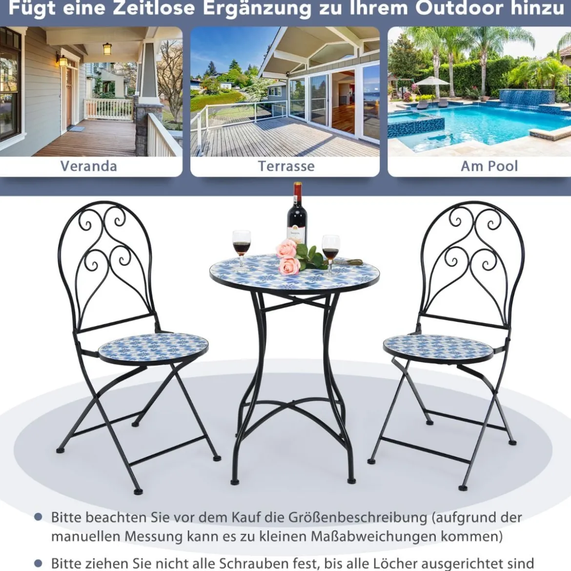 3-teiliges Terrassenmöbel-Set mit rundem Tisch und 2 Klappstühlen Blau und Schwarz