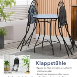 3-teiliges Terrassenmöbel-Set mit rundem Tisch und 2 Klappstühlen Blau und Schwarz