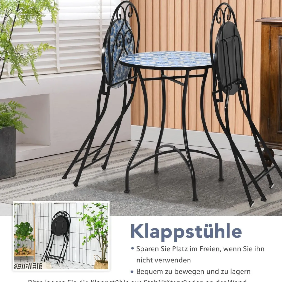 3-teiliges Terrassenmöbel-Set mit rundem Tisch und 2 Klappstühlen Blau und Schwarz