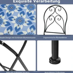 3-teiliges Terrassenmöbel-Set mit rundem Tisch und 2 Klappstühlen Blau und Schwarz