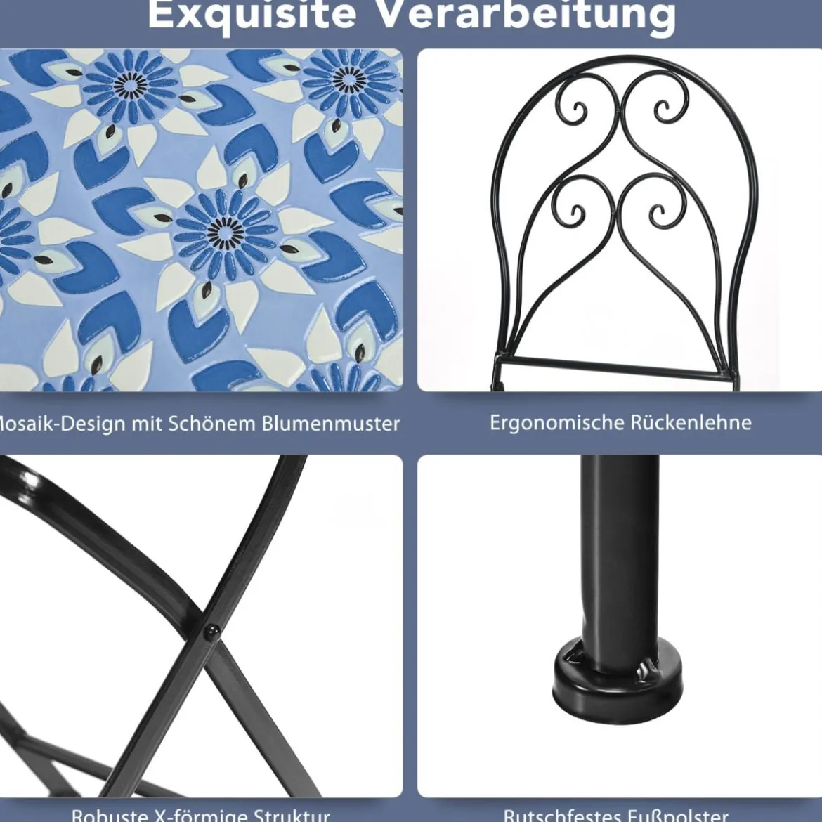 3-teiliges Terrassenmöbel-Set mit rundem Tisch und 2 Klappstühlen Blau und Schwarz