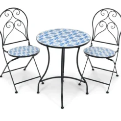 3-teiliges Terrassenmöbel-Set mit rundem Tisch und 2 Klappstühlen Blau und Schwarz