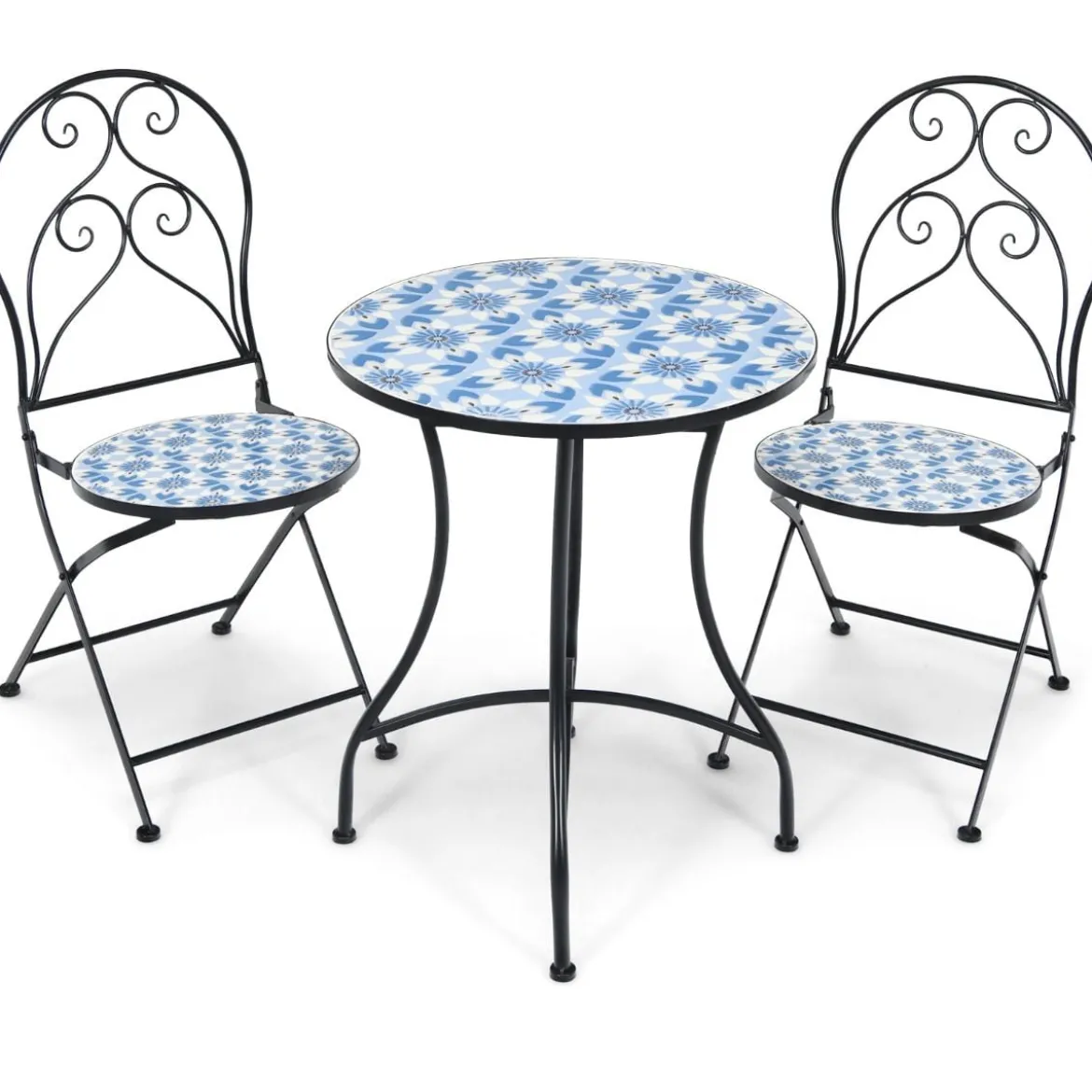 3-teiliges Terrassenmöbel-Set mit rundem Tisch und 2 Klappstühlen Blau und Schwarz
