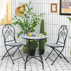 3-teiliges Terrassenmöbel-Set mit rundem Tisch und 2 Klappstühlen Blau und Schwarz