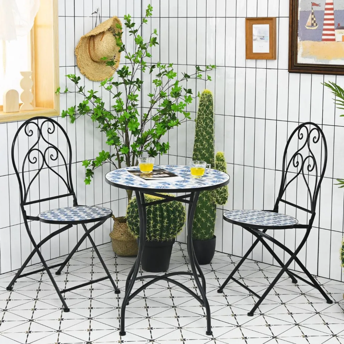3-teiliges Terrassenmöbel-Set mit rundem Tisch und 2 Klappstühlen Blau und Schwarz