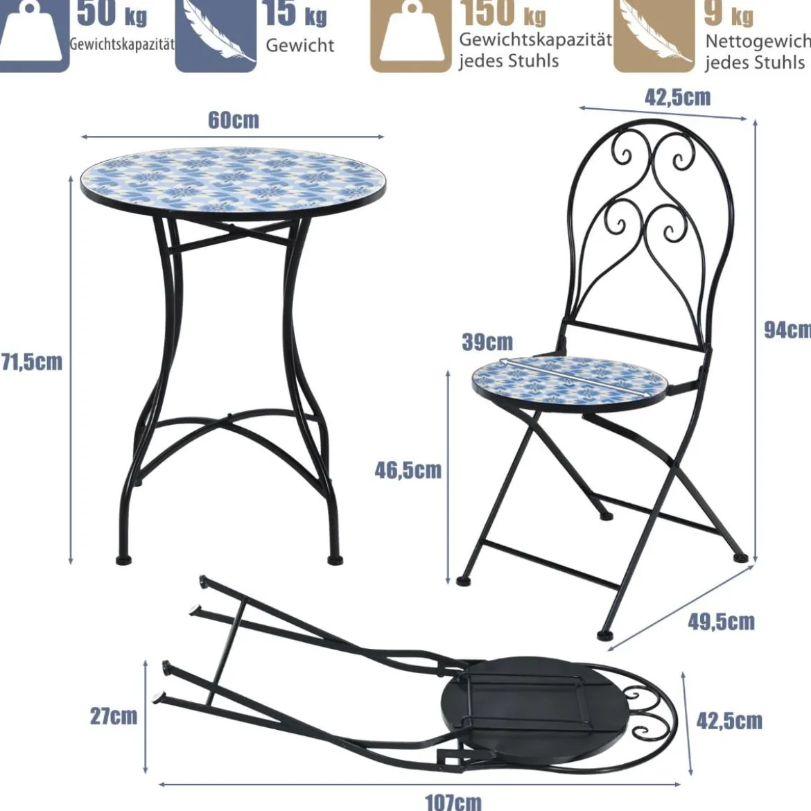 3-teiliges Terrassenmöbel-Set mit rundem Tisch und 2 Klappstühlen Blau und Schwarz