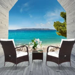 3-Teiliges Terrassenmöbel-Set 2 PE-Rattan-Stühle und Kaffeetisch Cremeweiß