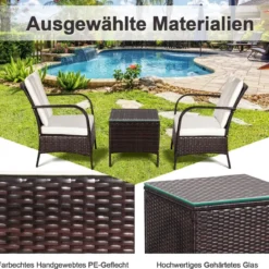 3-Teiliges Terrassenmöbel-Set 2 PE-Rattan-Stühle und Kaffeetisch Cremeweiß