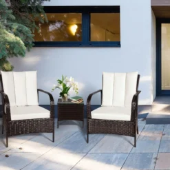 3-Teiliges Terrassenmöbel-Set 2 PE-Rattan-Stühle und Kaffeetisch Cremeweiß