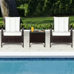 3-Teiliges Terrassenmöbel-Set 2 PE-Rattan-Stühle und Kaffeetisch Cremeweiß