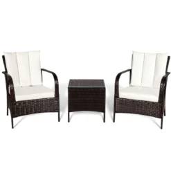 3-Teiliges Terrassenmöbel-Set 2 PE-Rattan-Stühle und Kaffeetisch Cremeweiß