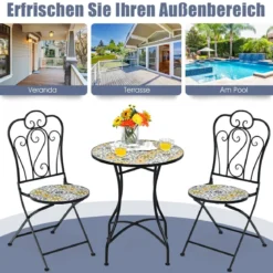 3-teiliges Terrassen-Set mit rundem Tisch und 2 Klappstühlen für Veranda Schwarz und Gelb