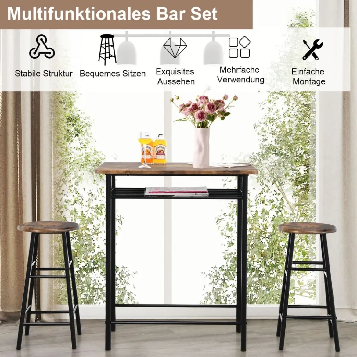 3-teiliges Tisch- und Stuhl-Set Tisch mit 2 Hockern Vintage-Möbelset Kaffee