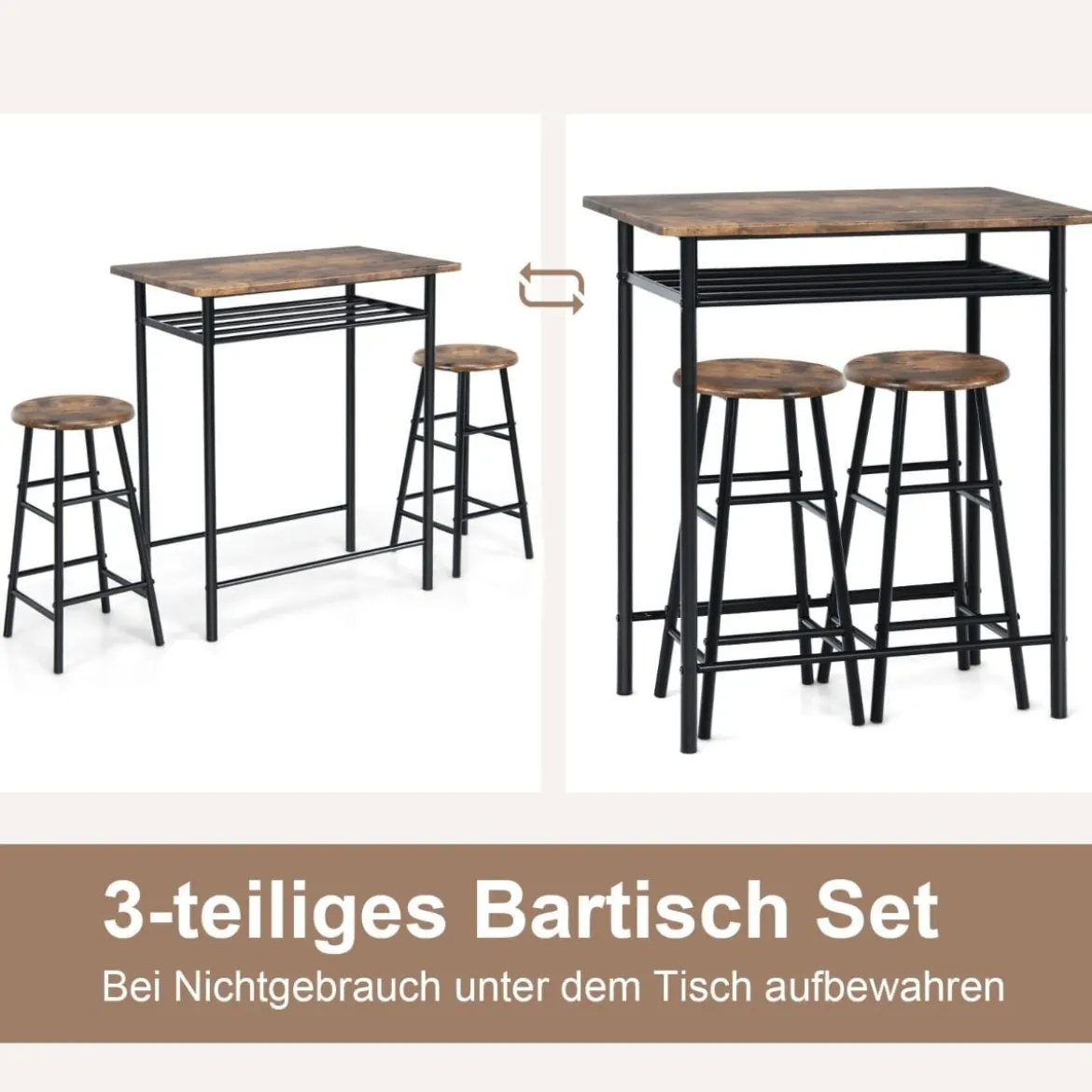 3-teiliges Tisch- und Stuhl-Set Tisch mit 2 Hockern Vintage-Möbelset Kaffee