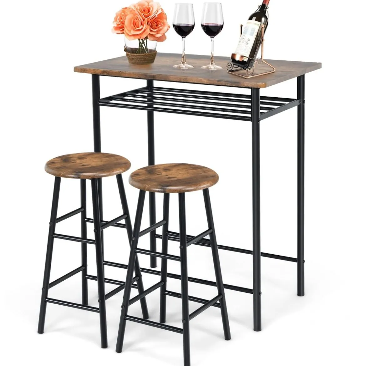 3-teiliges Tisch- und Stuhl-Set Tisch mit 2 Hockern Vintage-Möbelset Kaffee