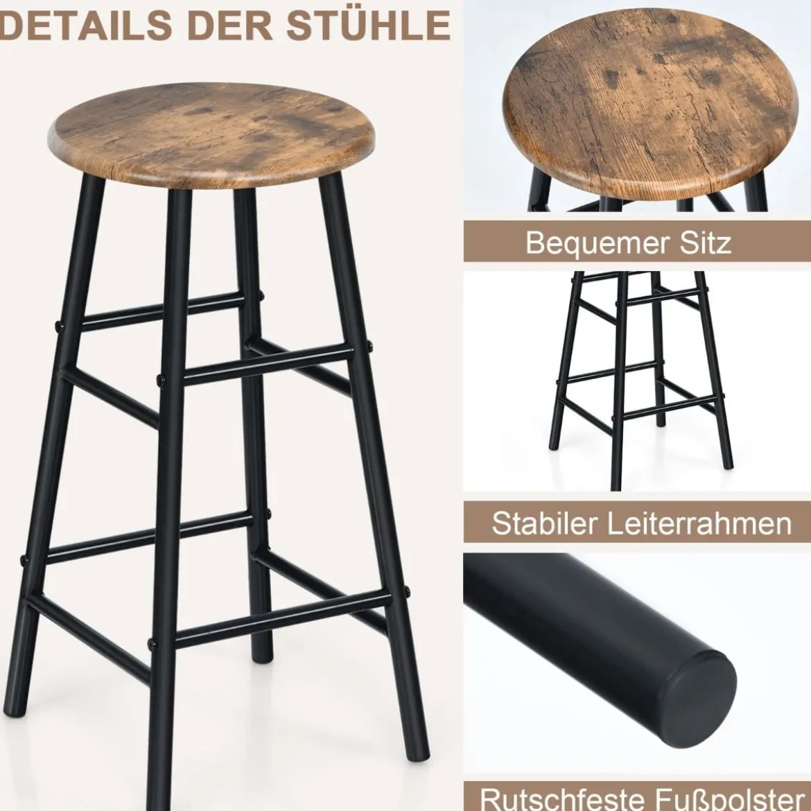 3-teiliges Tisch- und Stuhl-Set Tisch mit 2 Hockern Vintage-Möbelset Kaffee