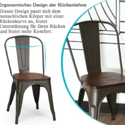 4-Teiliges Tolix Esszimmerstuhl Set aus Ulmenholz Bistrostuhl Stapelbare Metallstühle 52 x 42 x 84 cm Braun + Grau