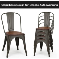 4-Teiliges Tolix Esszimmerstuhl Set aus Ulmenholz Bistrostuhl Stapelbare Metallstühle 52 x 42 x 84 cm Braun + Grau