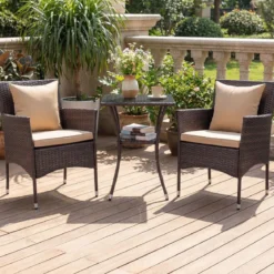 3 Teilig Gartenmöbel Set 2 Rattanstühle Glas Tisch Kissen Outdoor für Garten Veranda Poolbereich Beige