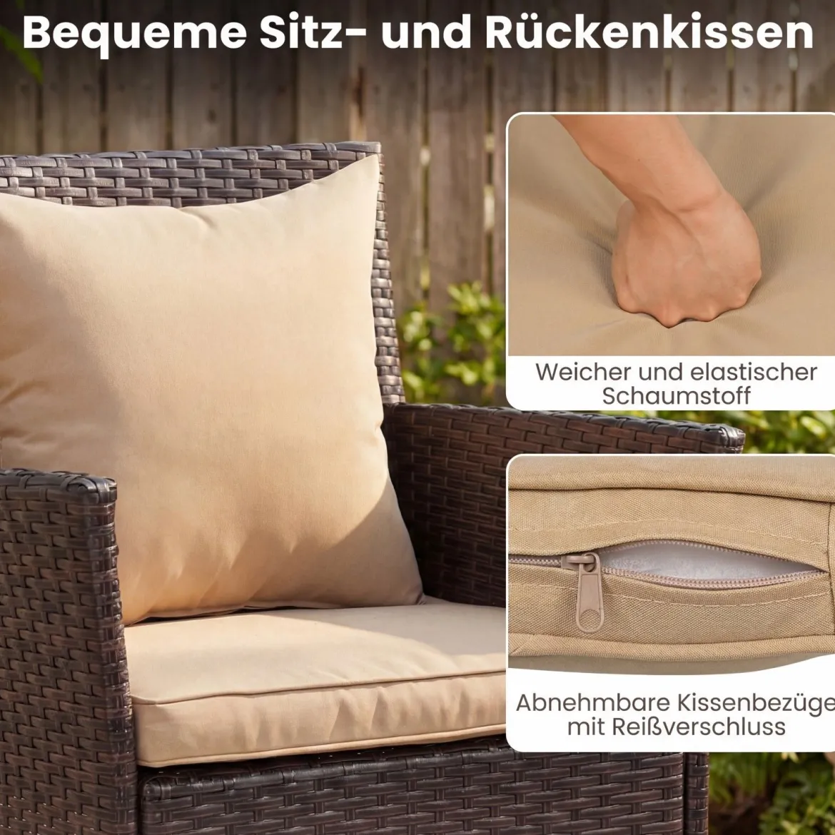 3 Teilig Gartenmöbel Set 2 Rattanstühle Glas Tisch Kissen Outdoor für Garten Veranda Poolbereich Beige