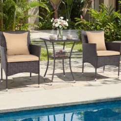 3 Teilig Gartenmöbel Set 2 Rattanstühle Glas Tisch Kissen Outdoor für Garten Veranda Poolbereich Beige