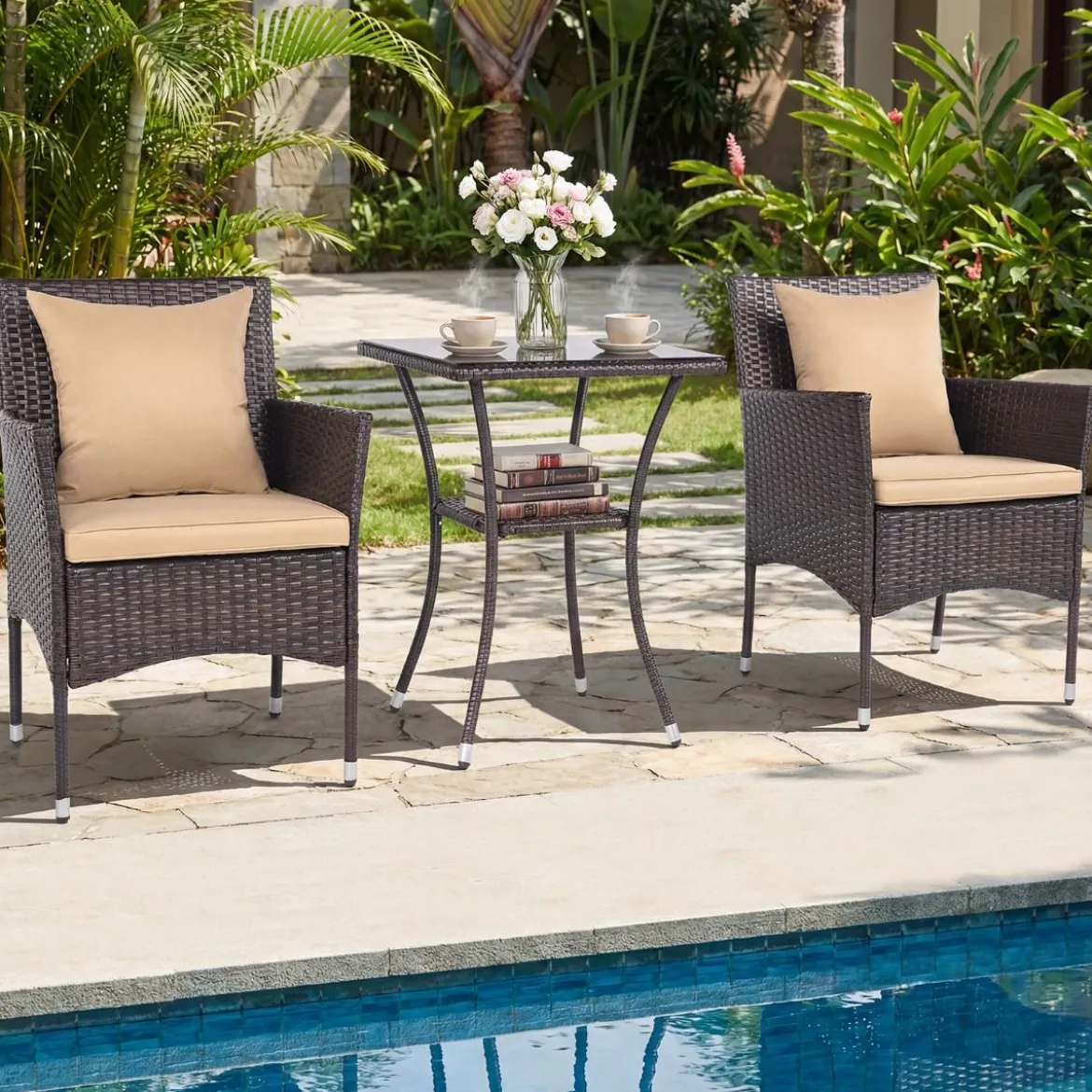 3 Teilig Gartenmöbel Set 2 Rattanstühle Glas Tisch Kissen Outdoor für Garten Veranda Poolbereich Beige