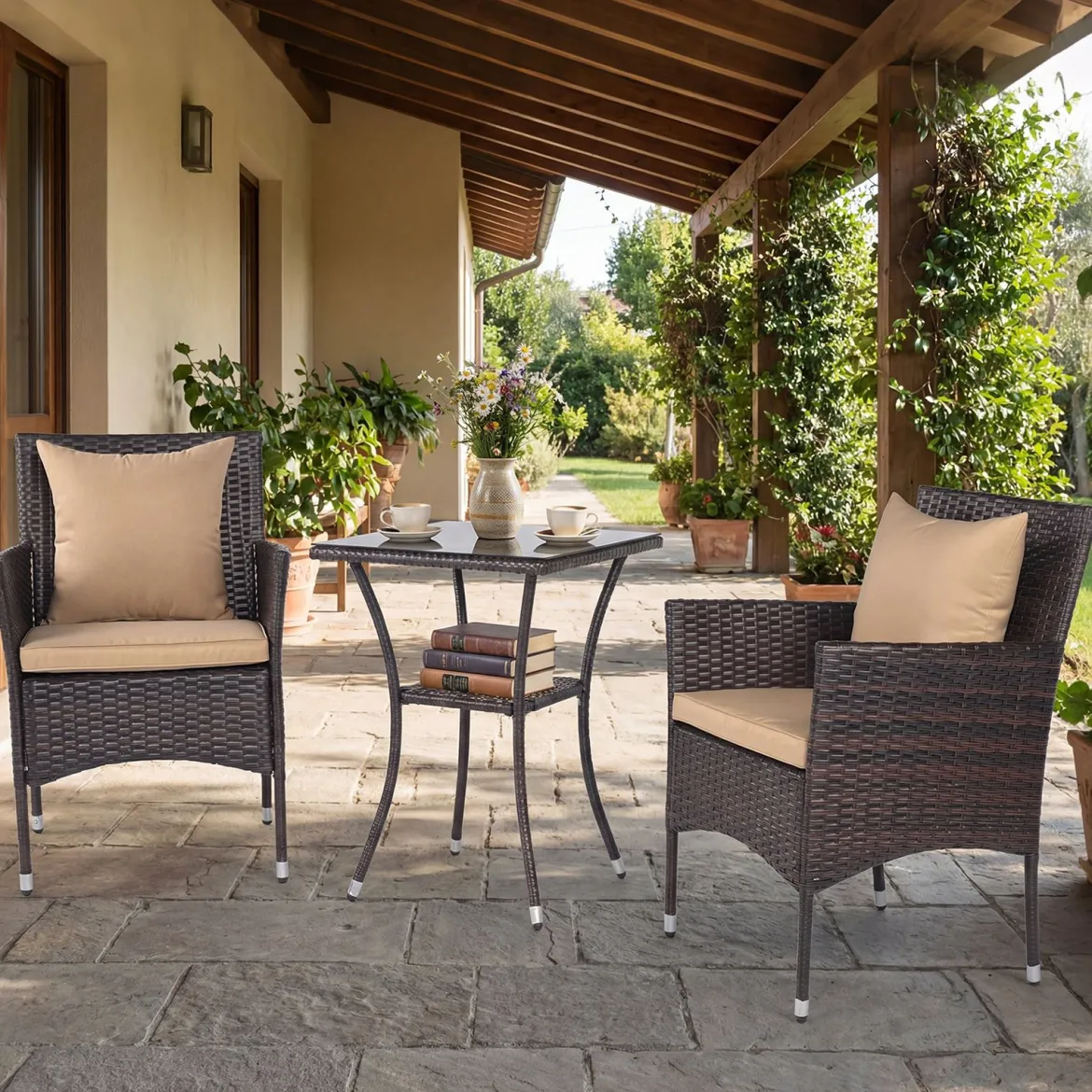 3 Teilig Gartenmöbel Set 2 Rattanstühle Glas Tisch Kissen Outdoor für Garten Veranda Poolbereich Beige
