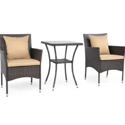3 Teilig Gartenmöbel Set 2 Rattanstühle Glas Tisch Kissen Outdoor für Garten Veranda Poolbereich Beige