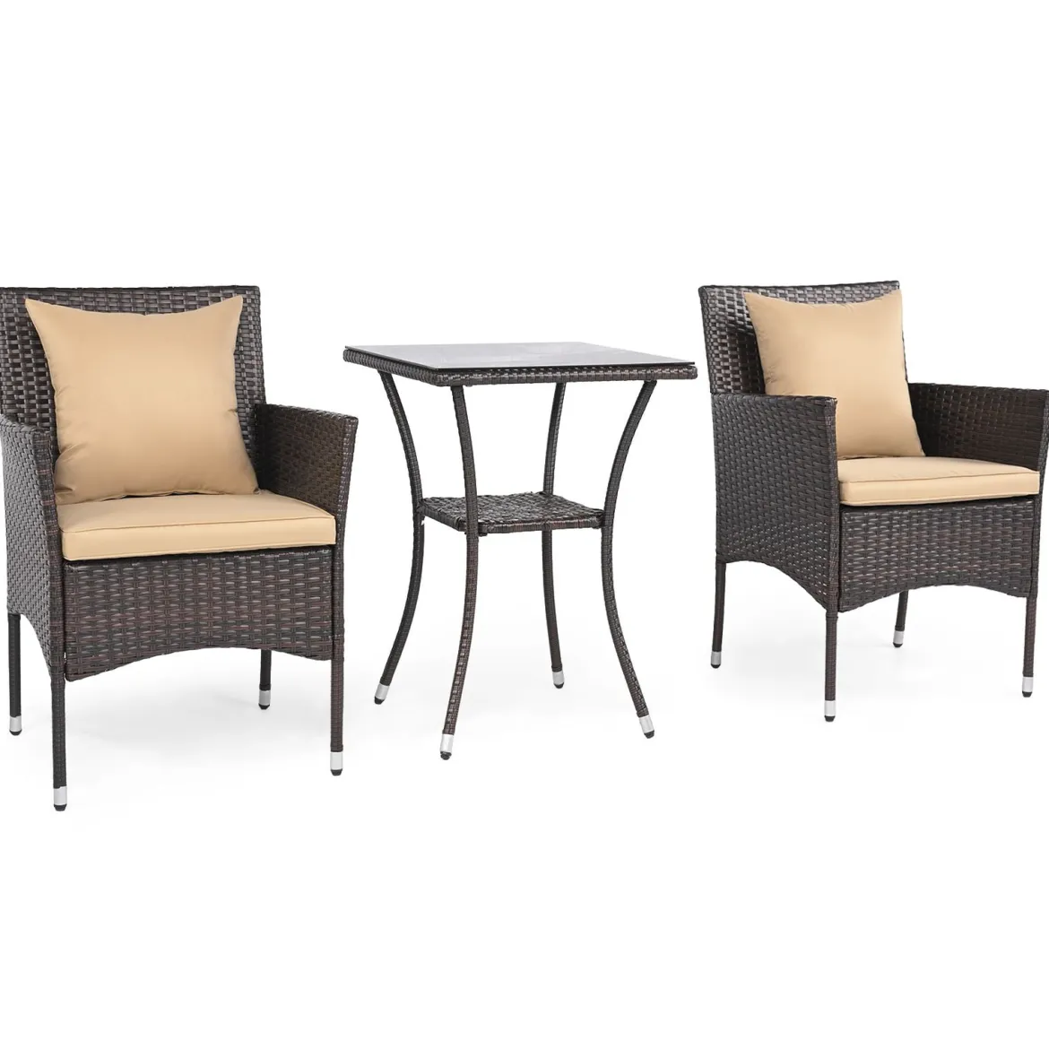 3 Teilig Gartenmöbel Set 2 Rattanstühle Glas Tisch Kissen Outdoor für Garten Veranda Poolbereich Beige