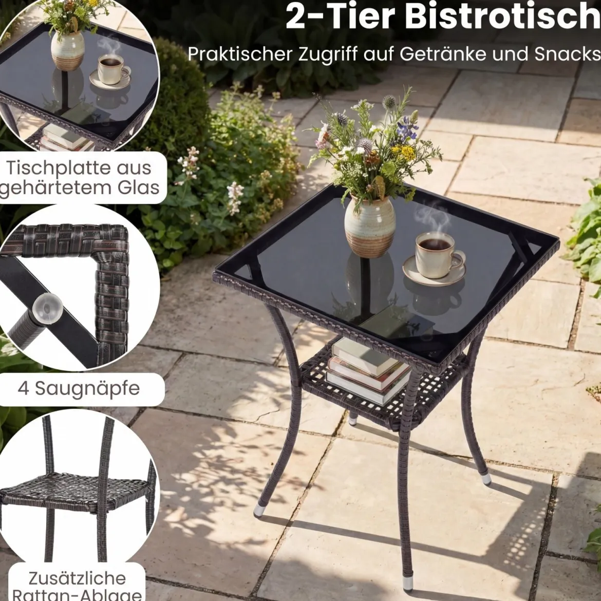 3 Teilig Gartenmöbel Set 2 Rattanstühle Glas Tisch Kissen Outdoor für Garten Veranda Poolbereich Beige