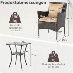 3 Teilig Gartenmöbel Set 2 Rattanstühle Glas Tisch Kissen Outdoor für Garten Veranda Poolbereich Beige