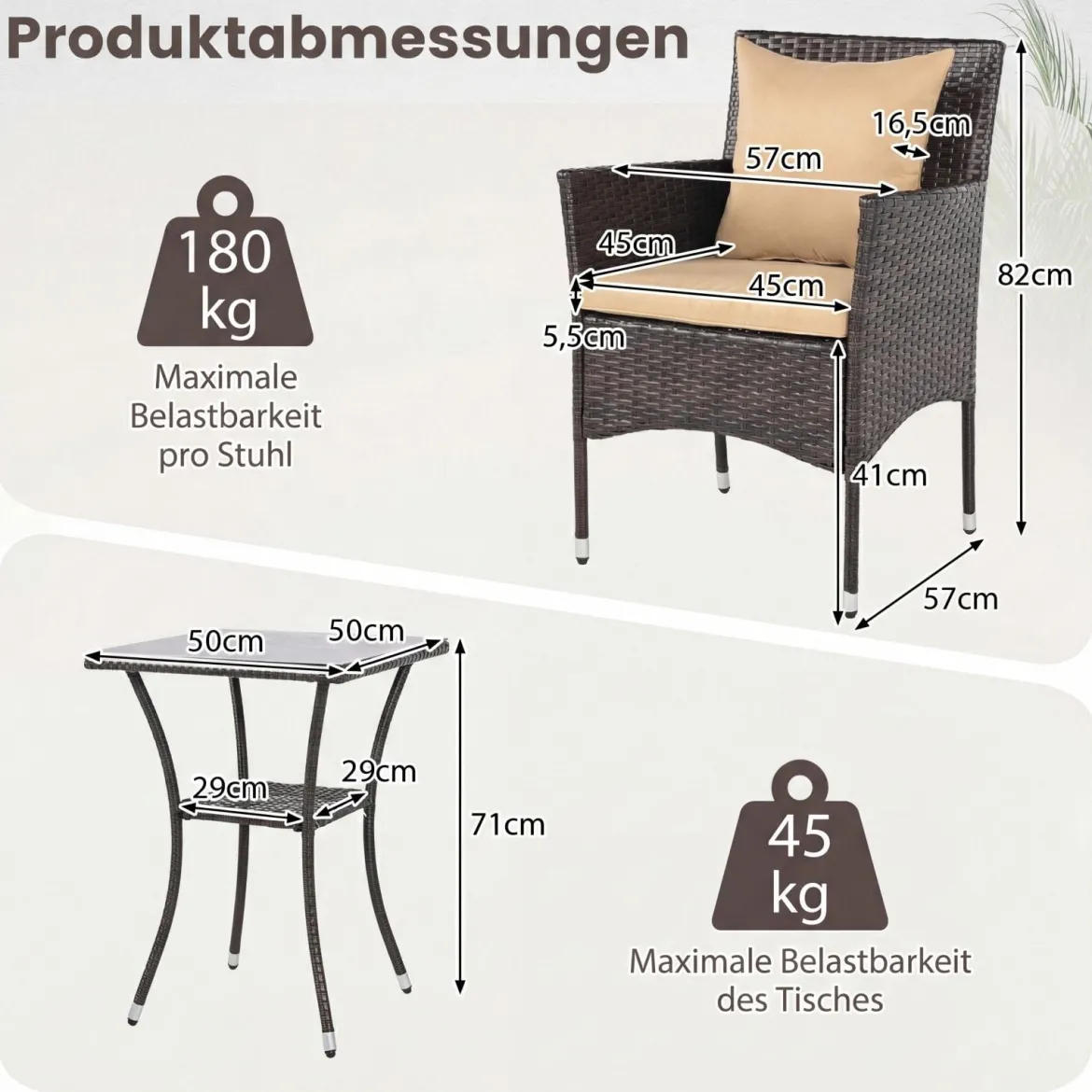 3 Teilig Gartenmöbel Set 2 Rattanstühle Glas Tisch Kissen Outdoor für Garten Veranda Poolbereich Beige