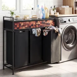 3-Teilig Wäschekorb Mit Abnehmbaren Körben Metallrahmen Für Schlafzimmer Waschküche Schwarz + Braun
