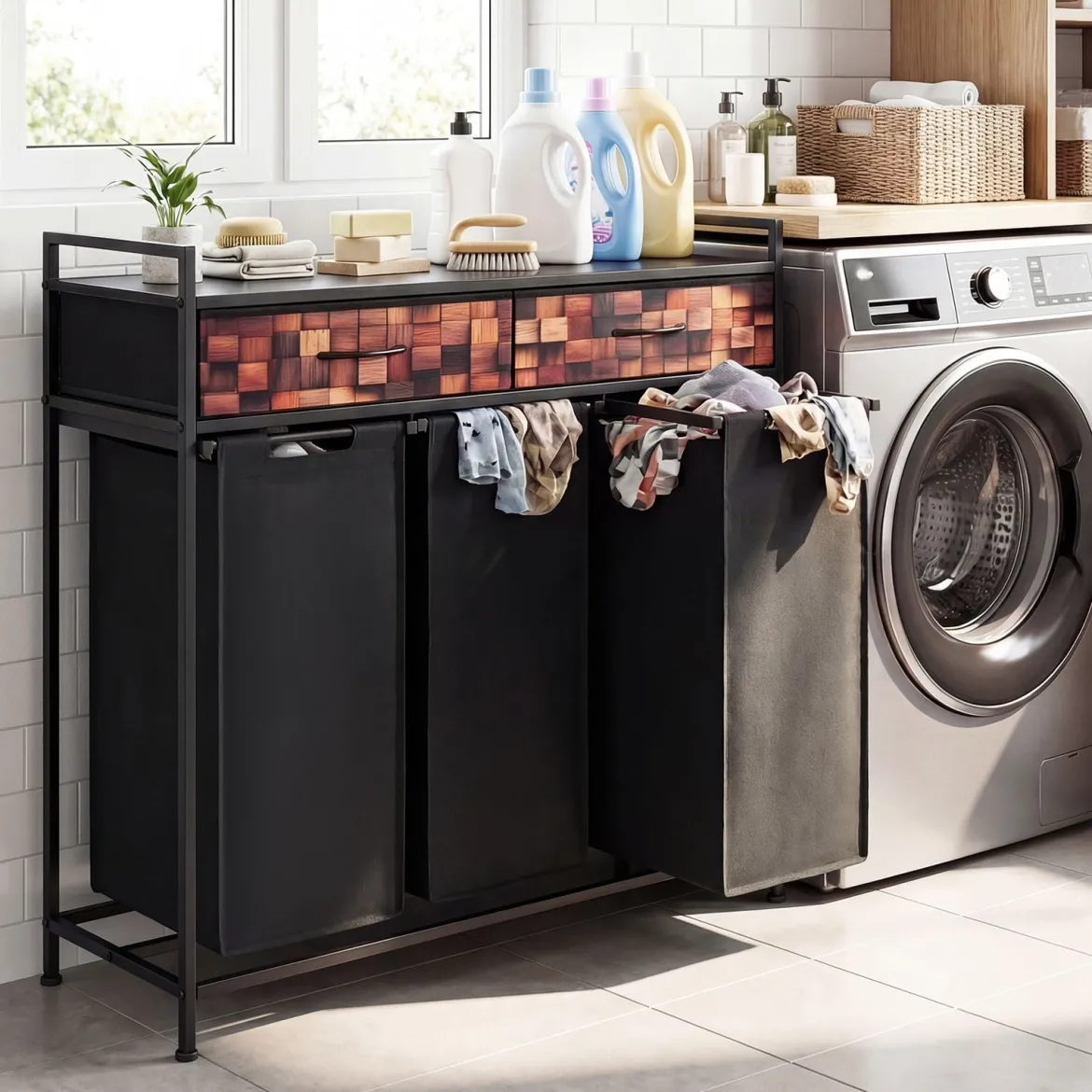 3-Teilig Wäschekorb Mit Abnehmbaren Körben Metallrahmen Für Schlafzimmer Waschküche Schwarz + Braun