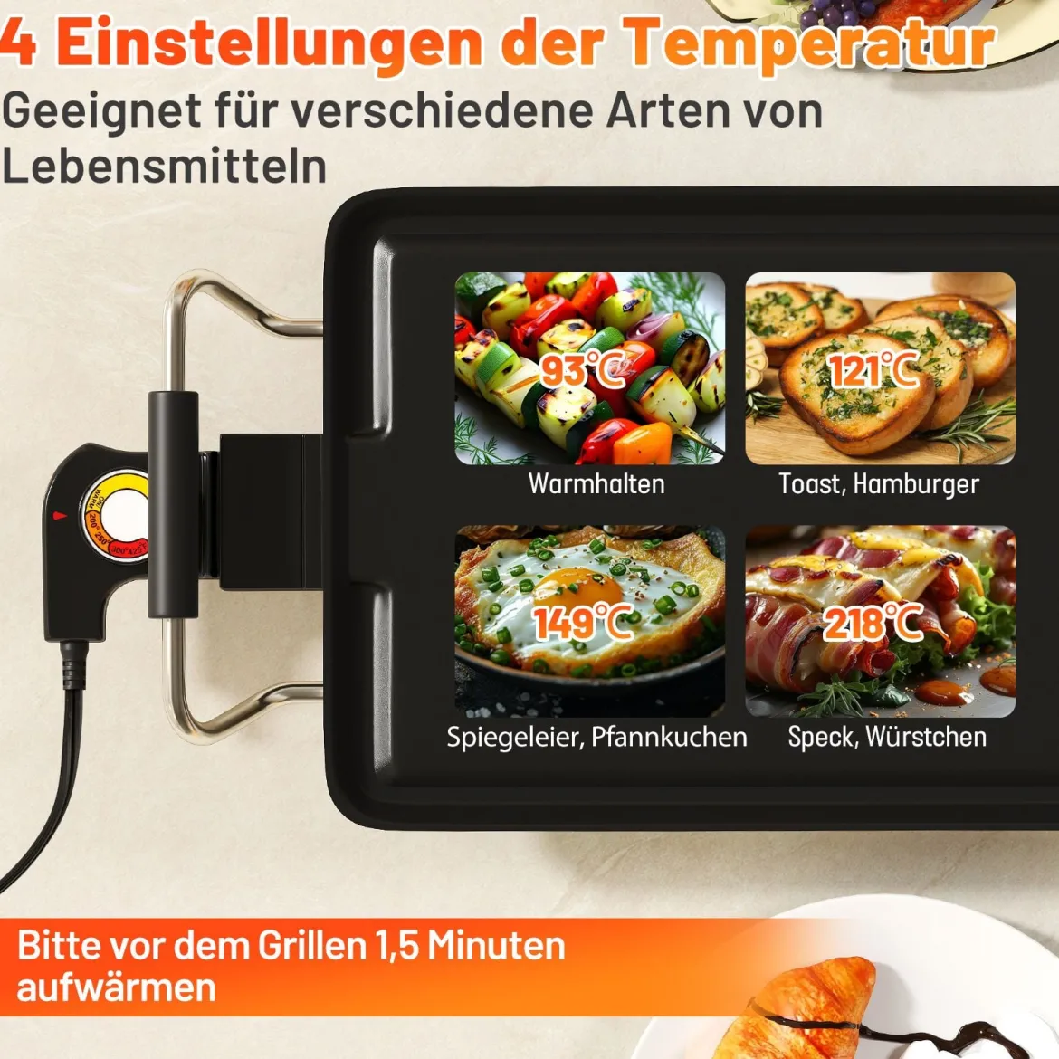 Teppanyaki Grill 1800W Elektrische Grillplatte Antihaft Tischgrill mit Einstellbarer Temperatur Thermostat und Fettauffangschale 100cm