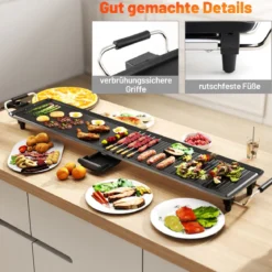 Teppanyaki Grill 1800W Elektrische Grillplatte Antihaft Tischgrill mit Einstellbarer Temperatur Thermostat und Fettauffangschale 100cm