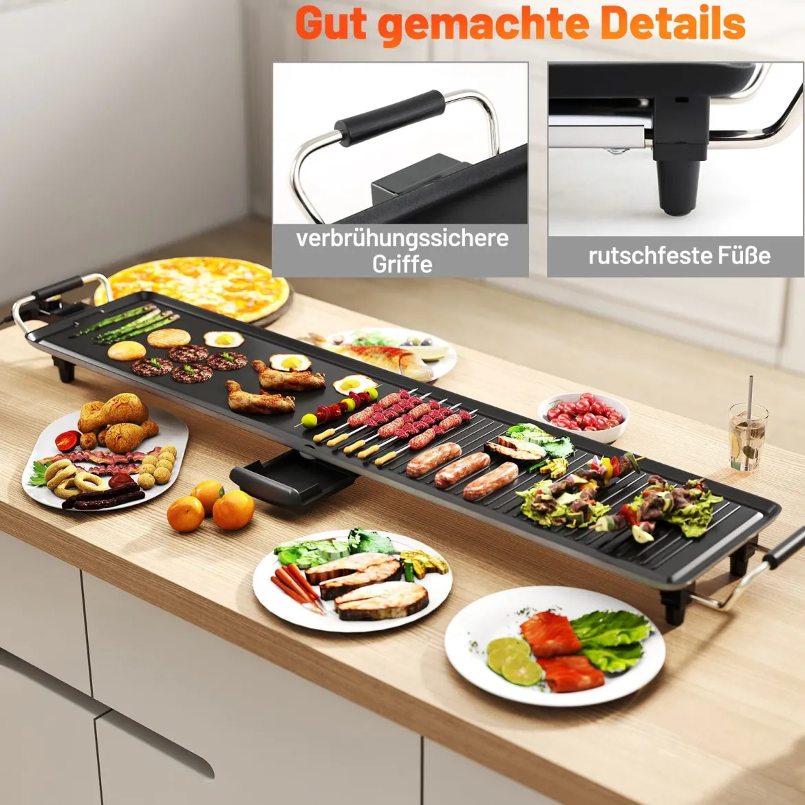 Teppanyaki Grill 1800W Elektrische Grillplatte Antihaft Tischgrill mit Einstellbarer Temperatur Thermostat und Fettauffangschale 100cm