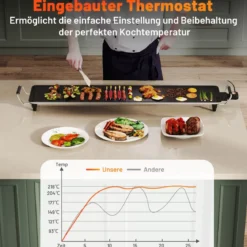 Teppanyaki Grill 1800W Elektrische Grillplatte Antihaft Tischgrill mit Einstellbarer Temperatur Thermostat und Fettauffangschale 100cm